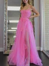 A-line Square Neckline Tulle Sweep Train Appliques Lace Prom Dresses #Favs020107766