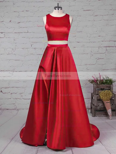 A-line Scoop Neck Satin Sweep Train Prom Dresses #Favs020104803