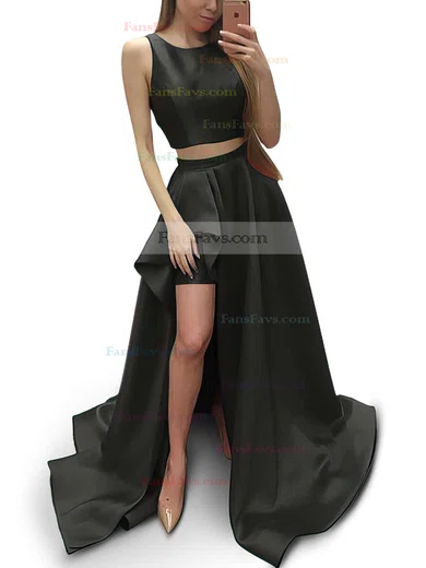 A-line Scoop Neck Satin Sweep Train Prom Dresses #Favs020104803