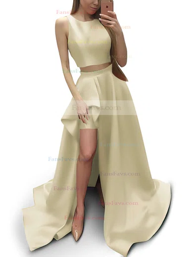 A-line Scoop Neck Satin Sweep Train Prom Dresses #Favs020104803