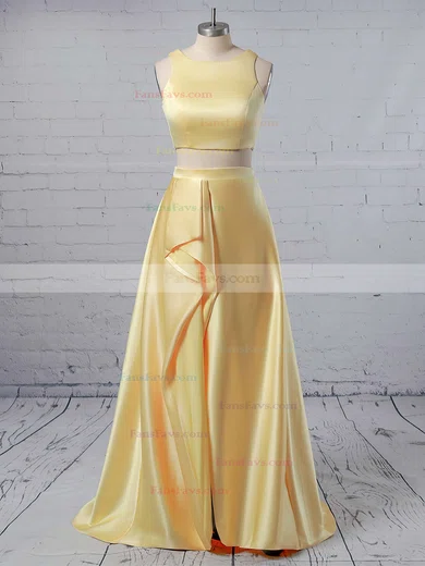 A-line Scoop Neck Satin Sweep Train Prom Dresses #Favs020104803
