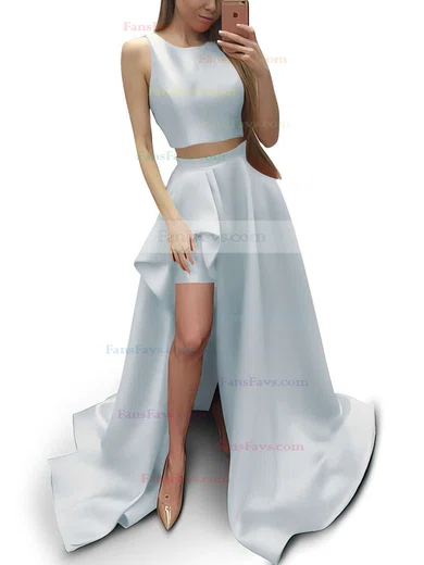 A-line Scoop Neck Satin Sweep Train Prom Dresses #Favs020104803