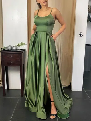 A-line Scoop Neck Silk-like Satin Sweep Train Pockets Prom Dresses #Favs020107768 A-line Scoop Neck Silk-like Satin Sweep Train Pockets Prom Dresses #Favs020107768