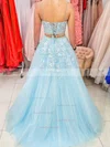 Ball Gown V-neck Tulle Sweep Train Appliques Lace Prom Dresses #Favs020107770
