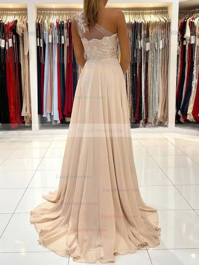 A-line One Shoulder Chiffon Sweep Train Appliques Lace Prom Dresses #Favs020107774