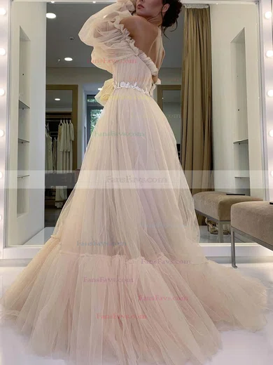 A-line Off-the-shoulder Tulle Sweep Train Appliques Lace Prom Dresses #Favs020107776