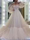A-line Off-the-shoulder Tulle Sweep Train Appliques Lace Prom Dresses #Favs020107776