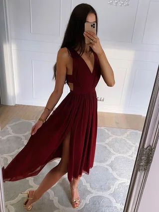 A-line V-neck Chiffon Tea-length Split Front Prom Dresses #Favs020107778 A-line V-neck Chiffon Tea-length Split Front Prom Dresses #Favs020107778