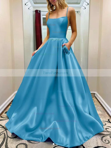 A-line Square Neckline Satin Sweep Train Beading Prom Dresses #Favs020107784