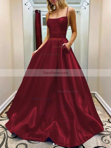 A-line Square Neckline Satin Sweep Train Beading Prom Dresses #Favs020107784