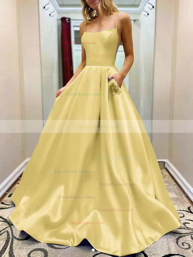 A-line Square Neckline Satin Sweep Train Beading Prom Dresses #Favs020107784