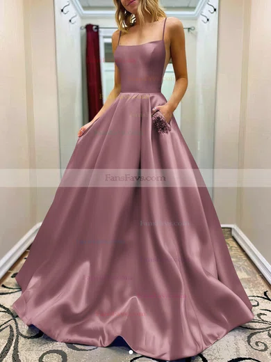 A-line Square Neckline Satin Sweep Train Beading Prom Dresses #Favs020107784
