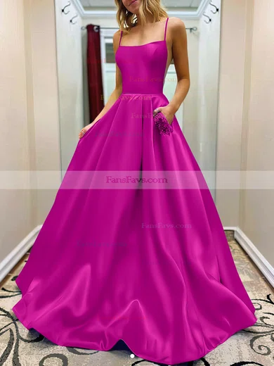A-line Square Neckline Satin Sweep Train Beading Prom Dresses #Favs020107784