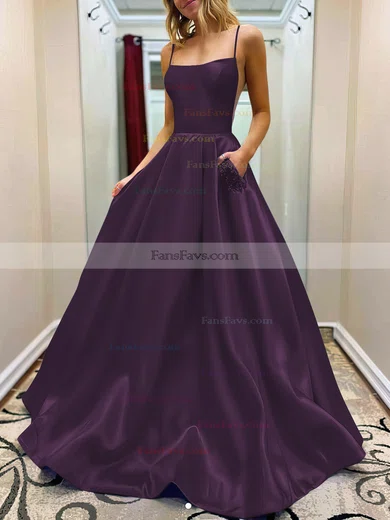 A-line Square Neckline Satin Sweep Train Beading Prom Dresses #Favs020107784