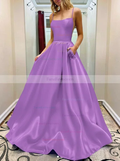 A-line Square Neckline Satin Sweep Train Beading Prom Dresses #Favs020107784