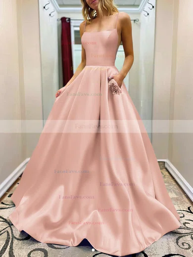 A-line Square Neckline Satin Sweep Train Beading Prom Dresses #Favs020107784