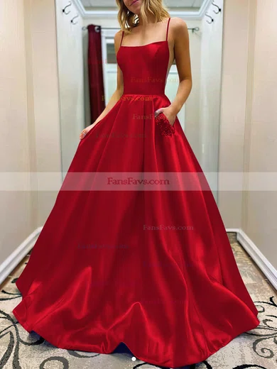 A-line Square Neckline Satin Sweep Train Beading Prom Dresses #Favs020107784