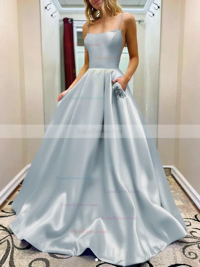 A-line Square Neckline Satin Sweep Train Beading Prom Dresses #Favs020107784