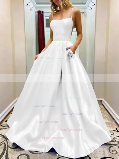 A-line Square Neckline Satin Sweep Train Beading Prom Dresses #Favs020107784