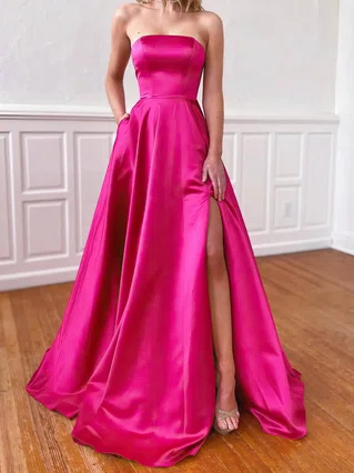 A-line Strapless Satin Sweep Train Pockets Prom Dresses #Favs020107785 A-line Strapless Satin Sweep Train Pockets Prom Dresses #Favs020107785