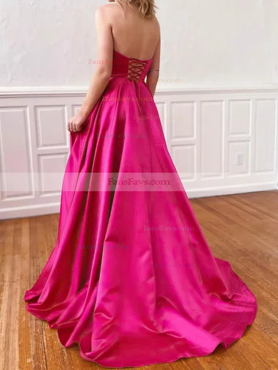 A-line Strapless Satin Sweep Train Pockets Prom Dresses #Favs020107785