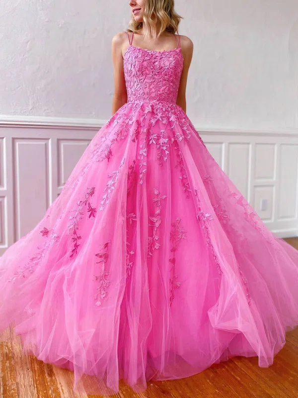 A-line Square Neckline Tulle Sweep Train Appliques Lace Prom Dresses #Favs020107786