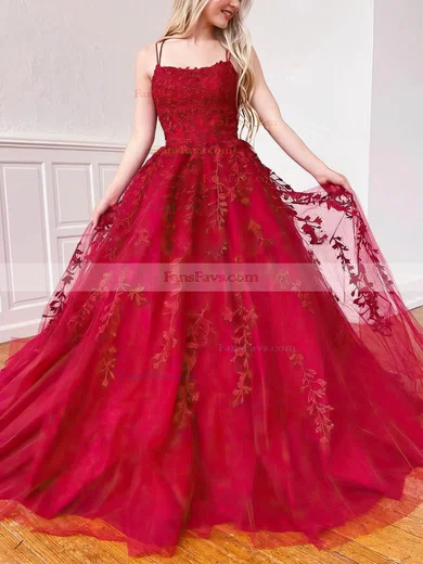 A-line Square Neckline Tulle Sweep Train Appliques Lace Prom Dresses #Favs020107786