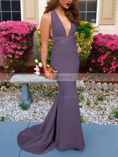 Trumpet/Mermaid V-neck Silk-like Satin Sweep Train Prom Dresses #Favs020103526