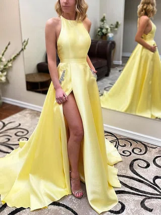 A-line Scoop Neck Satin Sweep Train Beading Prom Dresses #Favs020107792 A-line Scoop Neck Satin Sweep Train Beading Prom Dresses #Favs020107792