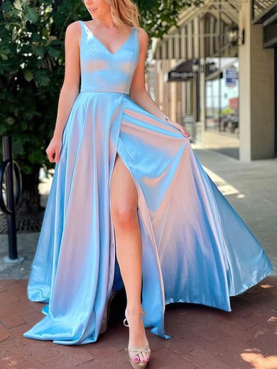 A-line V-neck Silk-like Satin Sweep Train Split Front Prom Dresses #Favs020107793
