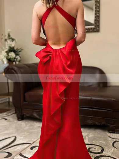 Trumpet/Mermaid V-neck Satin Sweep Train Split Front Prom Dresses #Favs020107795
