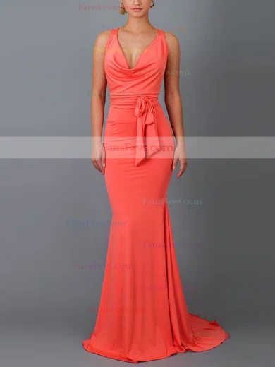 Trumpet/Mermaid Cowl Neck Jersey Sweep Train Prom Dresses #Favs020107799