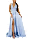 A-line Halter Silk-like Satin Sweep Train Lace Prom Dresses #Favs020107801
