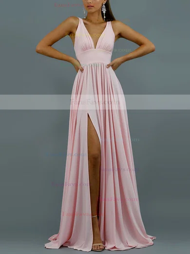 A-line V-neck Jersey Sweep Train Split Front Prom Dresses #Favs020107806