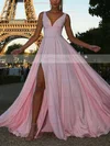 A-line V-neck Jersey Sweep Train Split Front Prom Dresses #Favs020107806