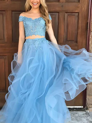 A-line Off-the-shoulder Tulle Floor-length Appliques Lace Prom Dresses #Favs020104809