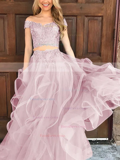 A-line Off-the-shoulder Tulle Floor-length Appliques Lace Prom Dresses #Favs020104809