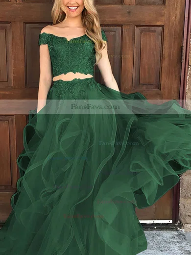 A-line Off-the-shoulder Tulle Floor-length Appliques Lace Prom Dresses #Favs020104809