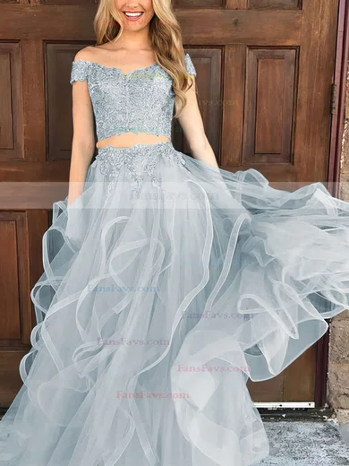 A-line Off-the-shoulder Tulle Floor-length Appliques Lace Prom Dresses #Favs020104809