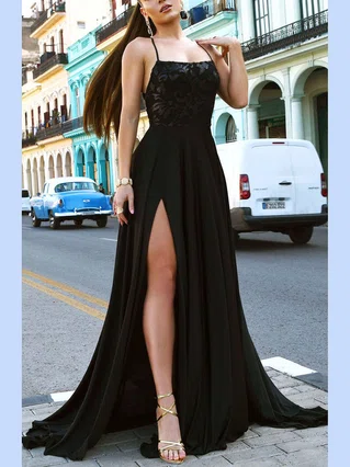 A-line Square Neckline Jersey Sweep Train Appliques Lace Prom Dresses #Favs020107810 A-line Square Neckline Jersey Sweep Train Appliques Lace Prom Dresses #Favs020107810