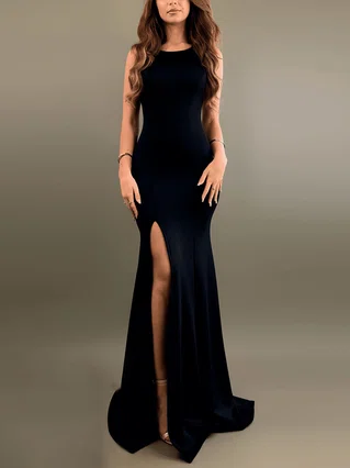 Trumpet/Mermaid Scoop Neck Stretch Crepe Sweep Train Split Front Prom Dresses #Favs020107811