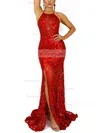 Trumpet/Mermaid Scoop Neck Lace Sweep Train Split Front Prom Dresses #Favs020107812