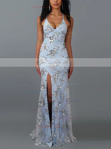 Trumpet/Mermaid V-neck Lace Tulle Sweep Train Split Front Prom Dresses #Favs020107814