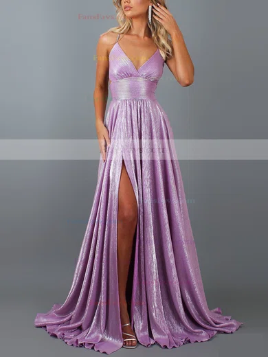 A-line V-neck Glitter Sweep Train Split Front Prom Dresses #Favs020107815