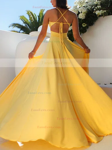 A-line V-neck Jersey Sweep Train Split Front Prom Dresses #Favs020107820