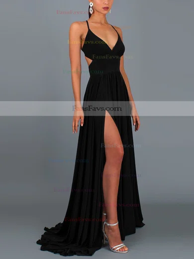 A-line V-neck Jersey Sweep Train Split Front Prom Dresses #Favs020107820