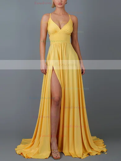 A-line V-neck Jersey Sweep Train Split Front Prom Dresses #Favs020107820