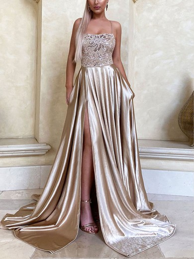 A-line Square Neckline Silk-like Satin Sweep Train Lace Prom Dresses #Favs020107823