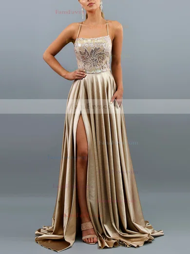 A-line Square Neckline Silk-like Satin Sweep Train Lace Prom Dresses #Favs020107823