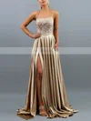 A-line Square Neckline Silk-like Satin Sweep Train Lace Prom Dresses #Favs020107823
